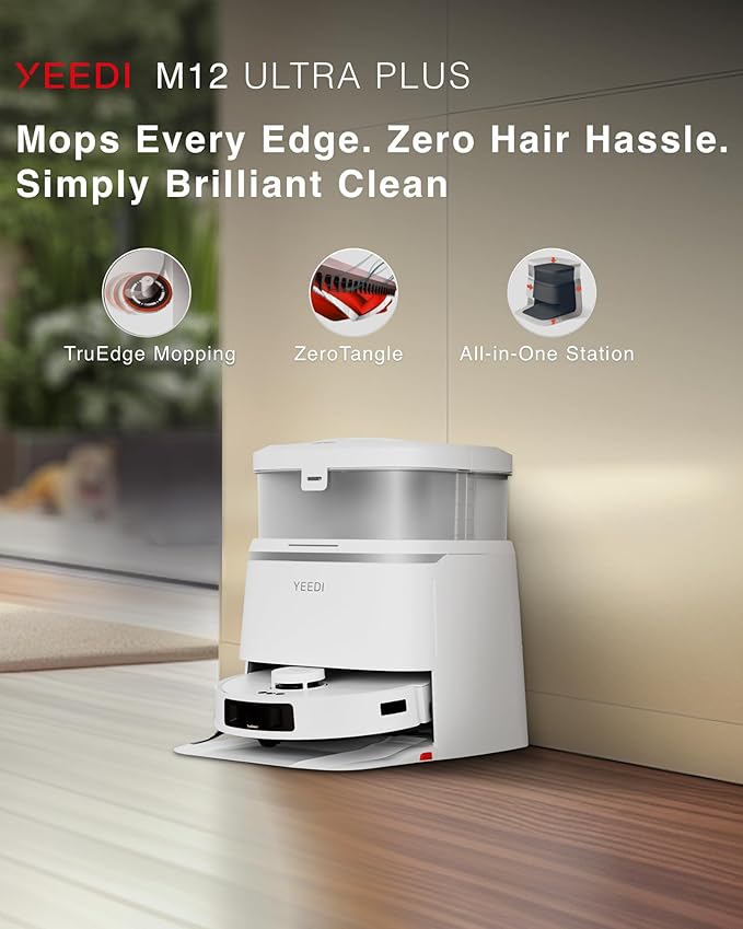 Yeedi M12 Ultra Plus Robot Vacuum and Mop, Upgrade 11800Pa Strong Suction, ZeroTangle Technology, TruEdge Deep Mopping, Auto Mop Washing/Drying, Auto-Lift Mopping, Mini Omni Station, White-Ruum Studio Home