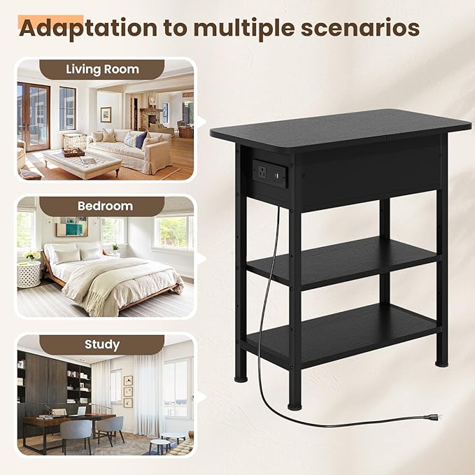 End Table with Charging Station, Flip Top Side Table with USB Ports and Outlets, 3-Tier Small Side Table with Storage for Small Space, End Tables for Living Room/Bedroom, Black-Ruum Studio Home