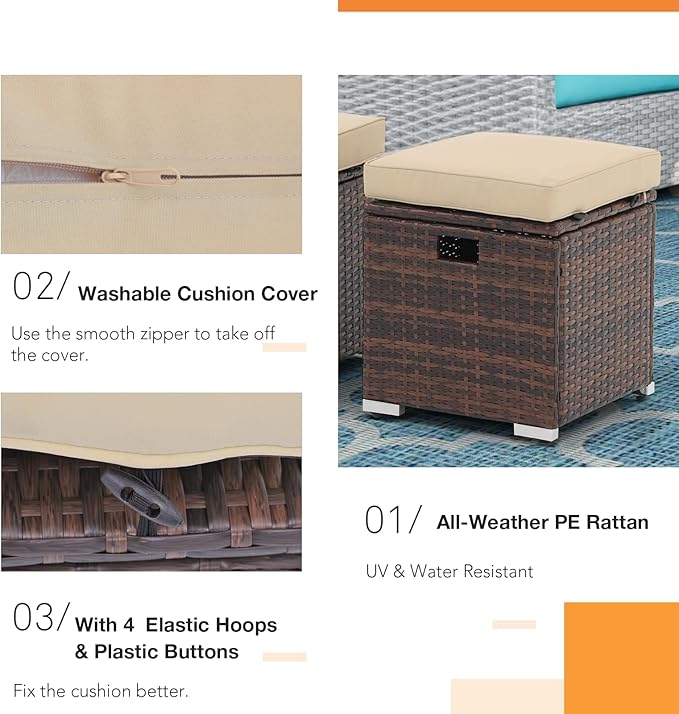 Patiorama 2 Piece Outdoor Patio Ottomans, All-Weather Brown PE Rattan Wicker Ottoman with Storage, Outdoor Footrest Footstool Seat w/Thick Cushion, Built-in Handle for Backyard Poolside Porch (Beige)-Ruum Studio Home