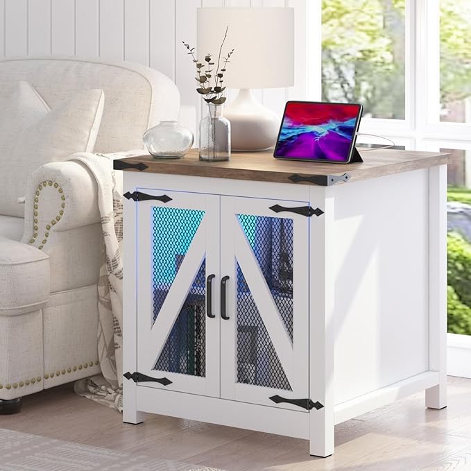 Farmhouse End Table, 24" Large Sofa Side Table with Charging Station, Mesh Barn Door, and Adjustable Storage Shelf, Rustic Wood Square Nightstand for Living Room, Bedroom, Office, White &Brown-Ruum Studio Home