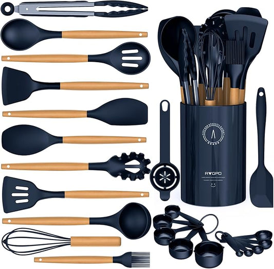 Silicone Cooking Utensils Set - Silicone Kitchen Utensils for Cooking Wooden Handles, 446°F Heat Resistant Kitchen Utensil Spatula Sets w Holder, Gadgets for Non-Stick Cookware BPA FREE (Navy Blue)-Ruum Studio Home