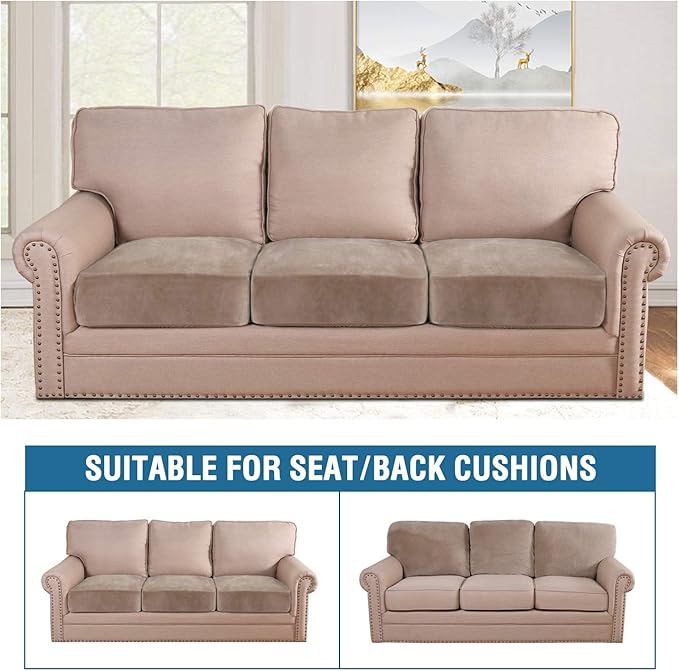 H.VERSAILTEX Velvet Stretch Couch Cushion Cover Plush Cushion Slipcover for Chair Loveseat Sofa Cushion Furniture Protector Seat Cushion Sofa Cover (3 Piece Sofa Cushion Covers, Taupe)-Ruum Studio Home