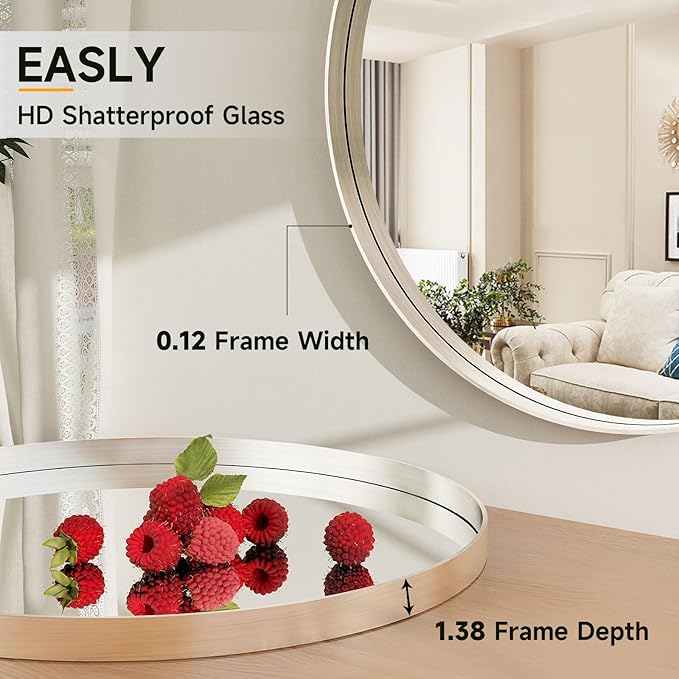 32 Inch Silver Round Bathroom Mirror - Wall Mounted Circle Mirror with Metal Frame, Modern Mirror Suitable for Bathroom, Vanity, Entryway, Living Room, Wall Decor-Ruum Studio Home