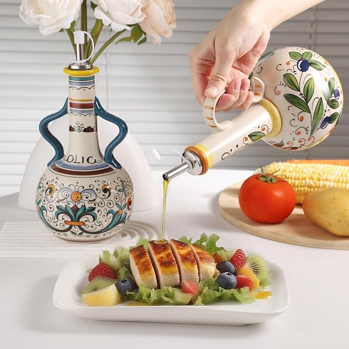 Ceramic Olive Oil Dispenser Bottle 23oz with Handles, Hand Painted Multi-Use Oil Cruet & Flower Vase, Decorative Stoneware Kitchen Cruet with Stainless Steel Spout for Oils, Sauces, Vinegar (B)-Ruum Studio Home