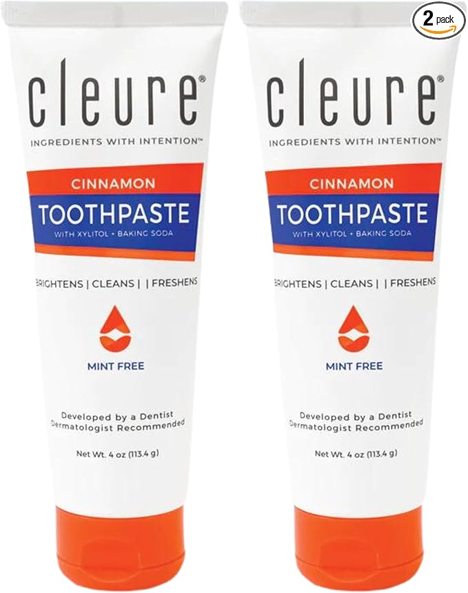 Cleure Cinnamon No Fluoride Toothpaste - SLS Free, Mint Free - with Xylitol for Fresh Breath & Helps Whiten - for Kids & Adults - Cinnamon Flavored (4oz Tube, Pack of 2)-Ruum Studio Home