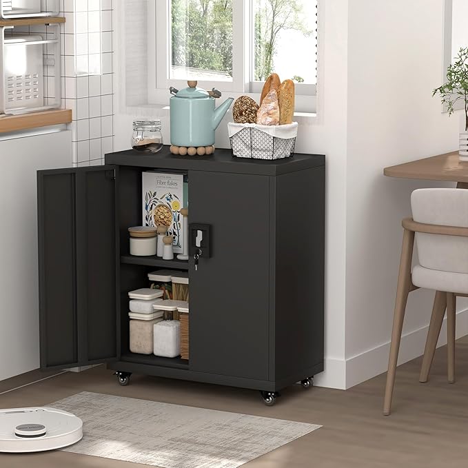 Metal Storage Cabinet with Wheels,Lockable Steel Rolling Storage Cabinet with 2 Doors for Garage,Home Office,Assembly Required,Black-Ruum Studio Home