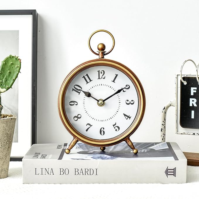 Small Gold Table and Shelf Desk Clock,Vintage Small Table Clock on Stand, Decorative Desk and Shelf Clock Farmhouse Mantel Non-Ticking Clock Rustic Metal Frame with Antique Gold Finish-Ruum Studio Home