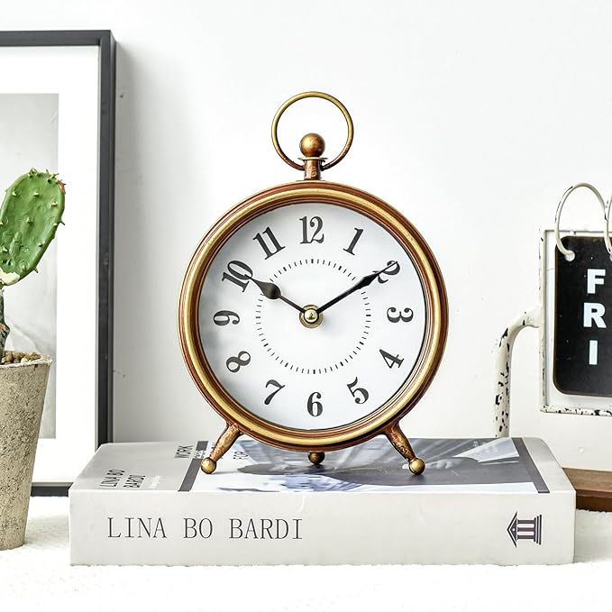 EMAX Home Vintage Small Table Clock on Stand,Desk and Shelf Clock Decorative Farmhouse Mantel Non-Ticking Clock Rustic Metal Frame with Antique Gold Finish 9.3 Inch…-Ruum Studio Home