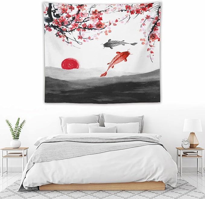 Houselerax Japanese Koi Fish Tapestries, Cherry Blossoms Asian Oriental Flower Branch Koi Fish Carp Tapestry Wall Hanging for Bedroom Living Room Office Decor 60"x50"-Ruum Studio Home