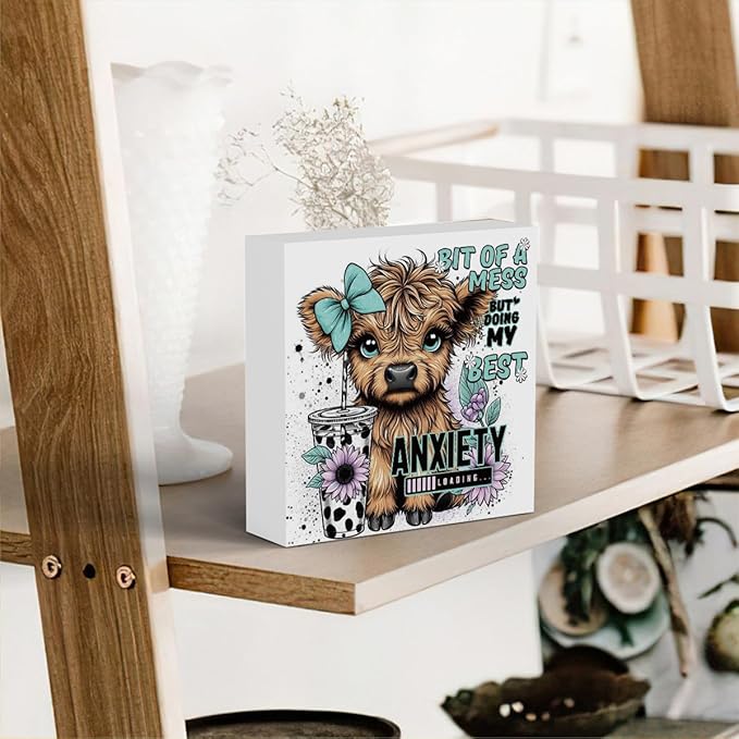 Highland Cow Western Sunflower Decor, Highland Cow Gifts for women, Highland Cow Baby Decor, Highland Cow Nursery Decor, Wooden Box Decor Sign for Home Farmhouse Office Living Room Table Shelf Tiered-Ruum Studio Home