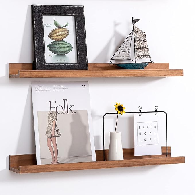 AZSKY Floating Nursery Book Shelves Light Fair Pale Walnut Rustic Picture Photo Ledge Shelves Wall Mounted Wooden Display Shelf for Bathroom Bedroom Kitchen 24 Inch Wall Shelves a Set of 2-Ruum Studio Home
