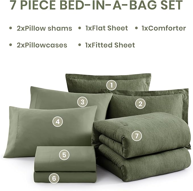 Monbix Queen Comforter Set - 7 Pieces Cationic Dyeing Olive Green Bed in a Bag Queen Bedding Sets with Comforter, Sheets, Pillowcases & Shams, Reversible Bedding Comforters Sets-Ruum Studio Home