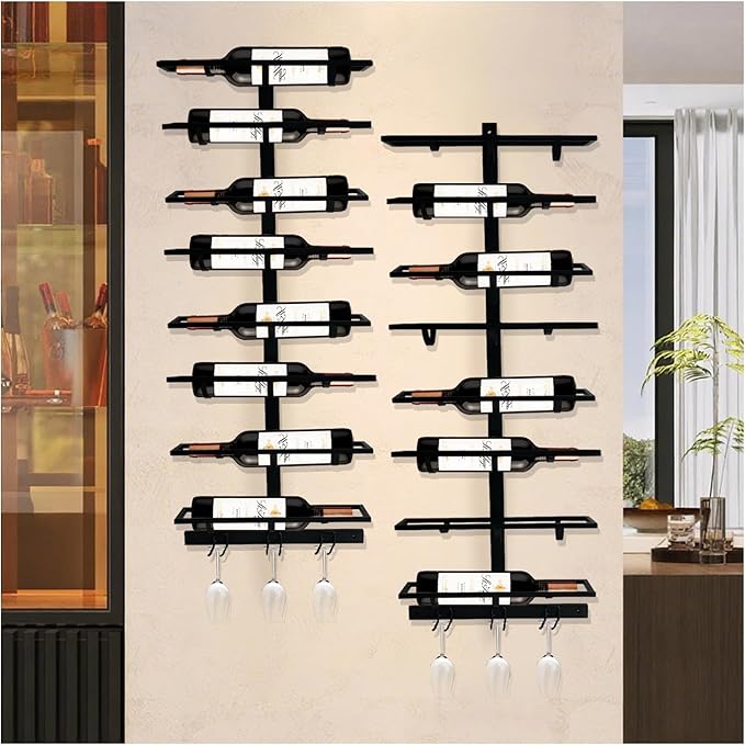 16 Bottle Wall Mount Wine Rack with Wine Glass Holder, Metal Wine Wall Rack, Wall Racks for Wine Bottles Display and Storage, Hanging Bottle Organizer for Living Dining Room Wine Cellar Bar (Black)-Ruum Studio Home