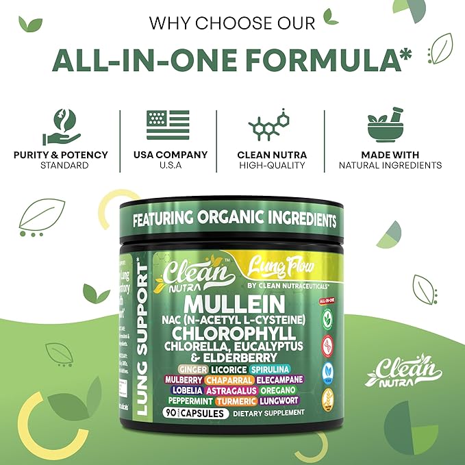 Clean Nutra Mullein NAC Supplement Spirulina Chlorella Ginger Licorice Mulberry Astragalus Root Oregano Turmeric with Chlorophyll Berries Detox Cleanse Respiratory Lung Health 90 Capsules-Ruum Studio Home