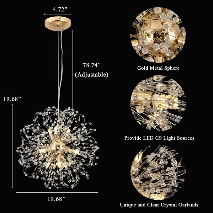 Modern Sputnik Chandeliers for Dining Room, Gold Dandelion Ceiling Hanging Lamp, Round Crystal Beaded Pendant Lights for Bedroom Living Room Farmhouse Kitchen Island (Gold 9Lights)-Ruum Studio Home