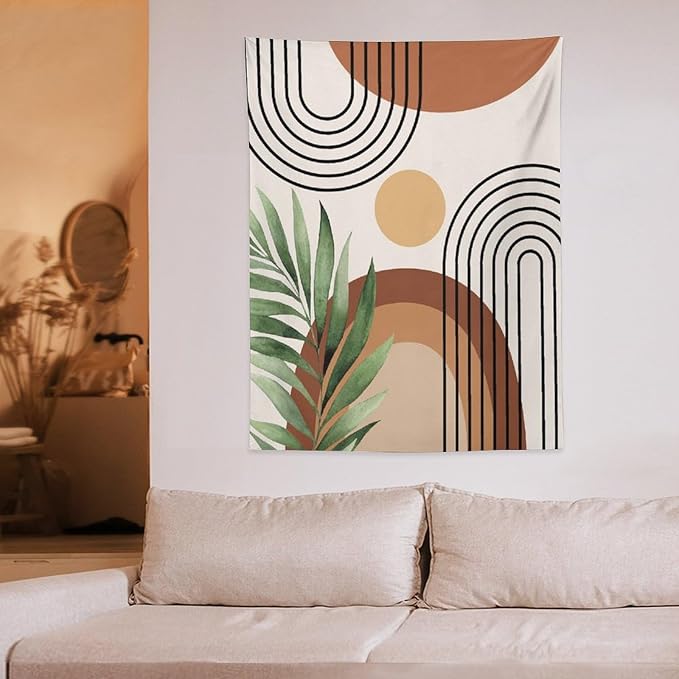 Abstract Bohemian Mid Century Tapestry, Tropical Leaves Modern Geometric Archway Minimalist Bohemian Botanical Aesthetic Wall Hanging, Sage Green Gold Home Decor Art for Bedroom 60x80 Inch-Ruum Studio Home