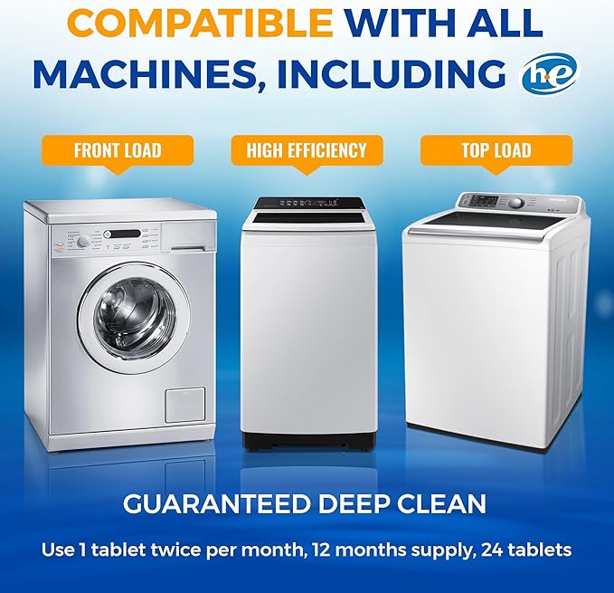 Washing Machine Cleaner Tablets 24 pack Powerful Descaler -Deep Cleaning for HE Front Loader & Top Load Washer Septic Safe Eco-Friendly Deodorizer Clean Drum & Laundry Tub Seal- Year's Supply-Ruum Studio Home