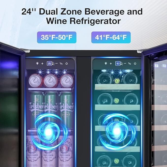 Tylza Wine and Beverage Refrigerator, 24 inch Dual Zone Wine Beverage Cooler Built-in and Freestanding, with Seamless Stainless Steel Door Quick Cooling Under Counter Beer Wine refrigerator-Ruum Studio Home