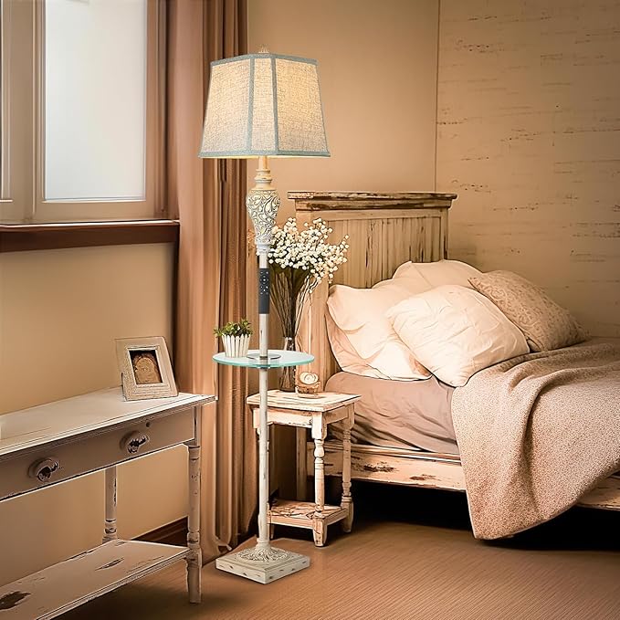 Rustic Floor Lamp, Living Room Lamps with Glass Tray, stepless diming Floor Lamp with Remote Control and USB A&C Charging Ports for Living Room Bedroom Office Smart Bulbs Included-Ruum Studio Home
