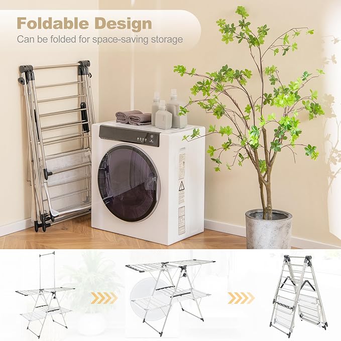 Tangkula Foldable Clothes Drying Rack, 2-Tier Laundry Drying Rack w/Tall Hanging Bar, Height Adjustable Gullwing, Freestanding Garment Stand for Indoor Outdoor Use-Ruum Studio Home
