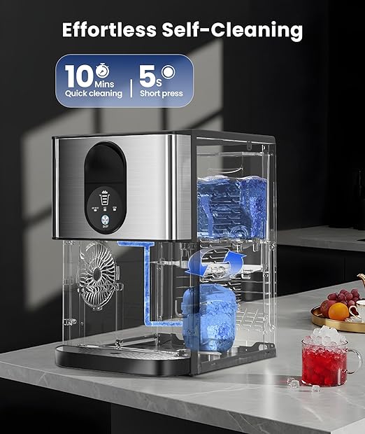 Nugget Ice Makers Countertop, Pellet Ice Maker Machine Dispenser with Water Reservoir with 44lbs/24H, Self-Cleaning, Soft Chewable Ice Maker Machine for Home/Kitchen/Office, Silver Stainless-Ruum Studio Home