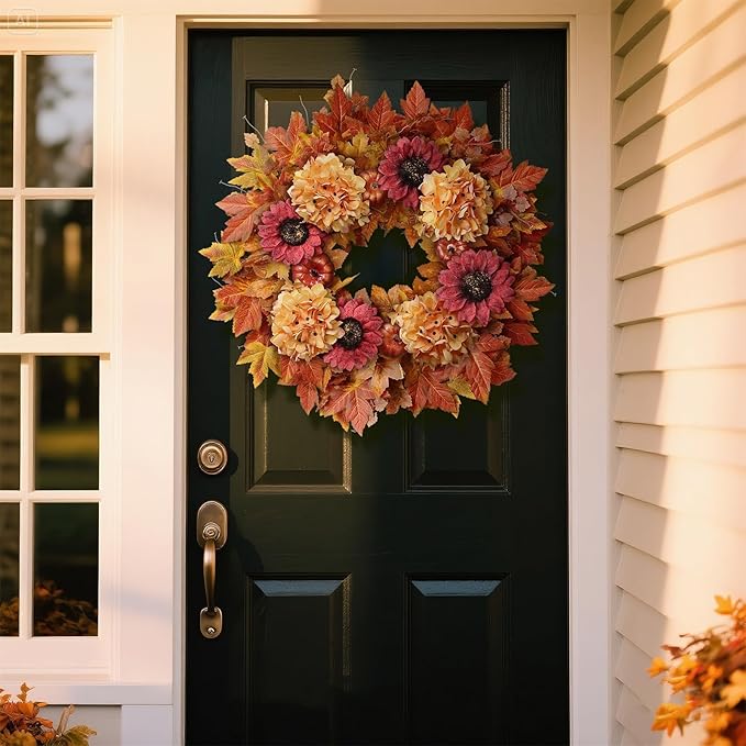 28'' Large Fall Wreath for Front Door, Porch, Window- Artificial Maple Leaves Faux Sunflower Hydrangea Pumpkins Outdoor Autumn Wreath for Home, Farmhouse Wall Thanksgiving Day Harvest Festival Decor-Ruum Studio Home