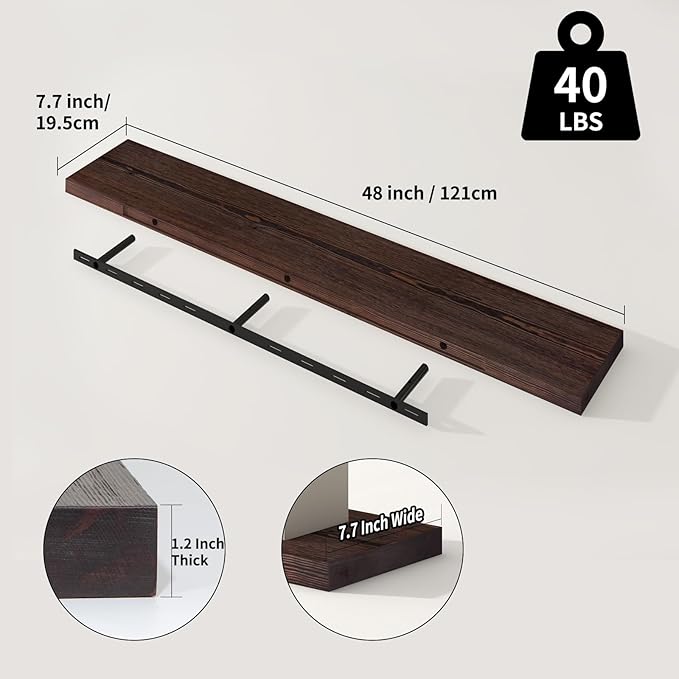 SAUMONIERES Floating Shelves 8 Inch Deep Solid Wood Wide Wall Shelf Set of 1 Wall Mounted for Bedroom Bathroom Living Room Kitchen, 48 Inch Walnut-Ruum Studio Home