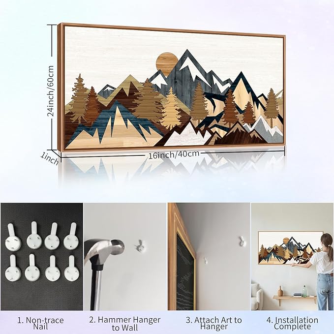 SIGNINART Large Mountain Framed Canvas Wall Art, Boho Sunrise Wilderness Wall Decor, Vintage Forest Nature Artwork, Modern Farmhouse Woodcut Style Art Prints for Living Room Bedroom, Office 20"x40"-Ruum Studio Home
