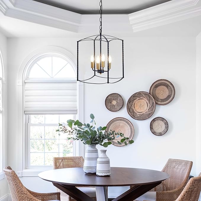 Farmhouse 4 Lights Pendant Light, Industrial Black Lantern Chandelier with E12 Gold Base Metal Cage Rustic Geometric Hanging Light Fixtures for Kitchen Island Foyer Entryway Dining Room-Ruum Studio Home
