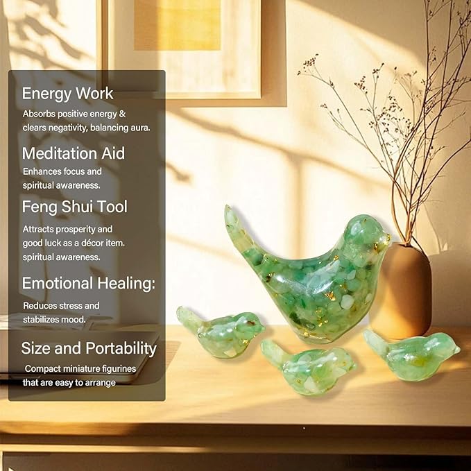 Crystal Bird Figurines, Resin Animal Statues, Miniature Decorative Gravel Birds, Home Decor (4PCS-GreenAventurine)-Ruum Studio Home