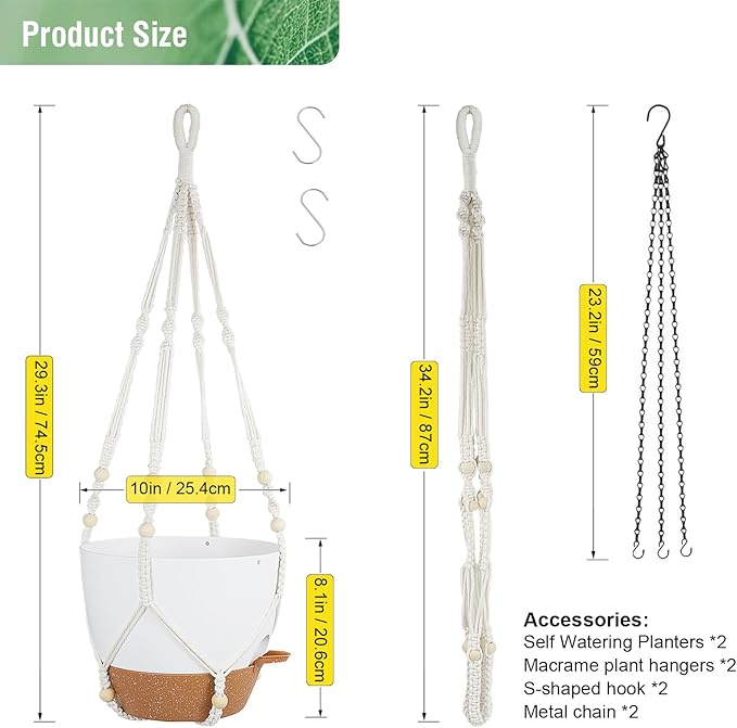 10 inch Self Watering Hanging Planters, 2 Pack Hanging Baskets for Indoor Outdoor Plants, Hanging Flower Pots with Drainage Holes & 2 Kinds of Plant Hangers for Garden Home Décor, White Brown-Ruum Studio Home