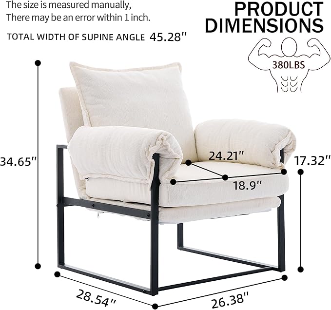 YISHENG Accent Chair with 6-Angle Adjustable Backrest, Chenille Fabric Living Room Chair Upholstered Lounge Chair, Modern Chair Cozy Reclining Chair for Reading Room, 1PC White-Ruum Studio Home