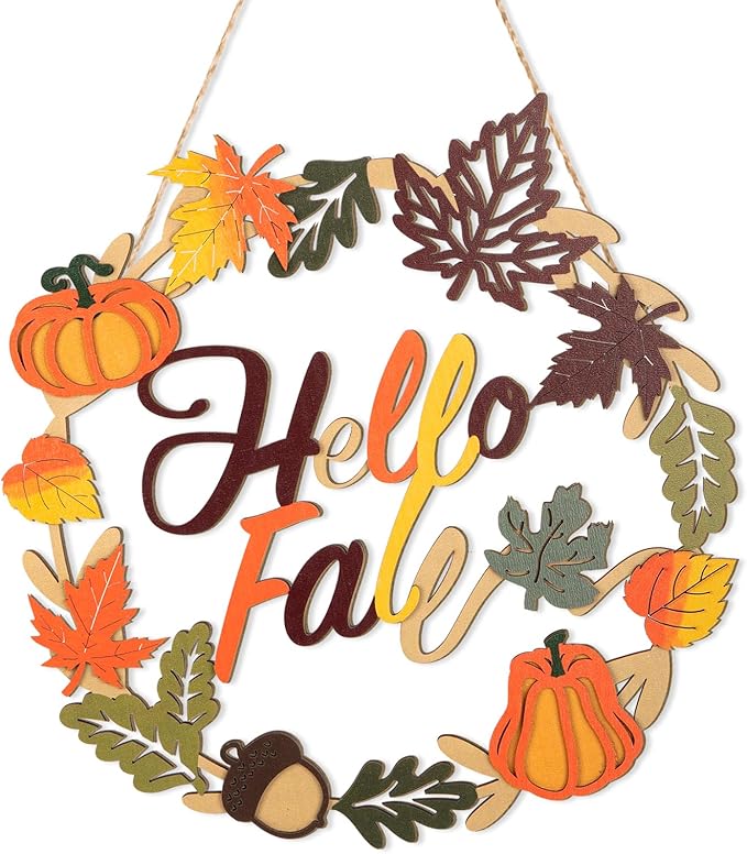Fall Decoration Hello Fall Wreaths for Front Door, Wooden Welcome Maple Leaf Pumpkin Door Sign Ornament, Wood Farmhouse Wooden Hanging for Autumn Harvest Home Halloween Decoration-Ruum Studio Home