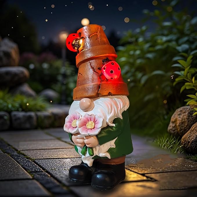 COWOS Garden Gnome Statues Outdoor Decor, Solar Gnomes with LED Lighted Flowers, Solar Resin Outdoor Statue Sculpture, for Woman Gift Home and Garden Decor-Ruum Studio Home