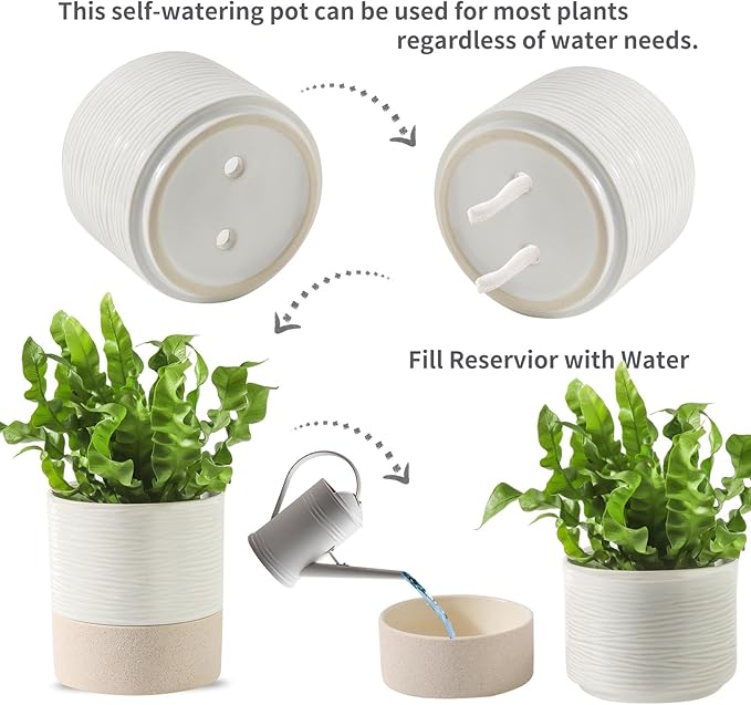 Nihow Self Watering Plant Pot: 4.5 Inch Ceramic Planter with Drainage Hole & Water Storage Plus for Indoor & Outdoor Plants - Cylinder Flower Pot for Herbs/Violets - White & Brown-Ruum Studio Home
