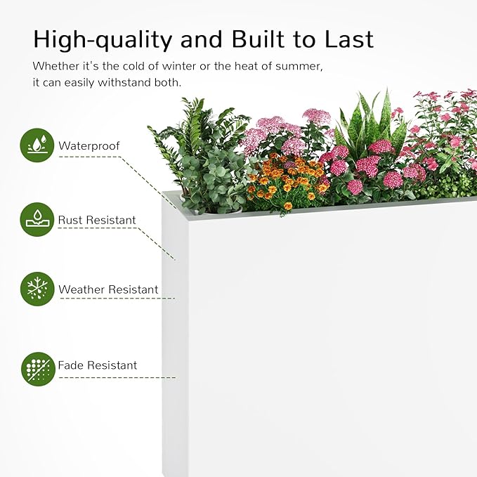 Stoog 38" Large Planters for Outdoor Plants, All-Weather Rectangular Metal Planter Box with Removable Insert Shelf, and Modern Design – Ideal for Plants, Flowers, Vegetables, Garden, White-Ruum Studio Home