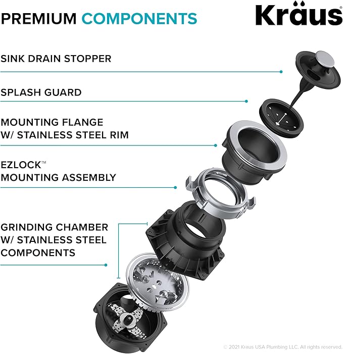 KRAUS WasteGuard 3/4 HP Ultra-Quiet Garbage Disposal with Quick Connect, Kitchen Sink Drain Cover, Power Cord and Flange Included, KWD100-75MBL-Ruum Studio Home