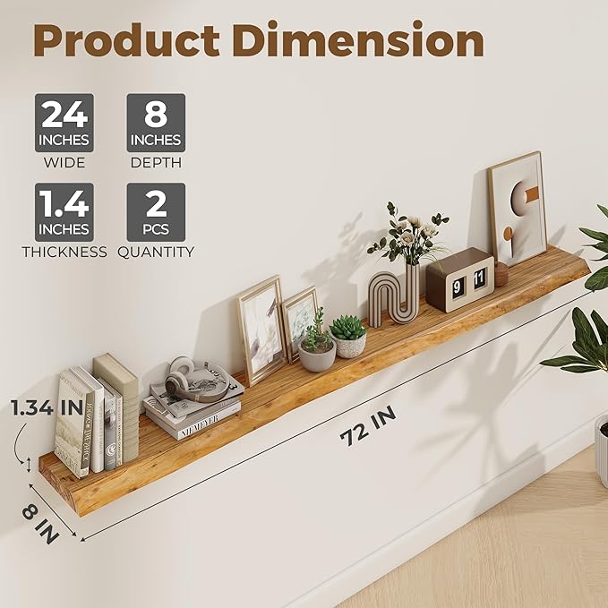 Axeman 72 inch Extra Long Floating Shelves for Wall - 8'' D Live Edge Rustic Solid Elm Wood Floating Shelves Wall Mounted, Wall Shelves with Invisible Bracket for Living Room Bedroom Kitchen, Natural-Ruum Studio Home