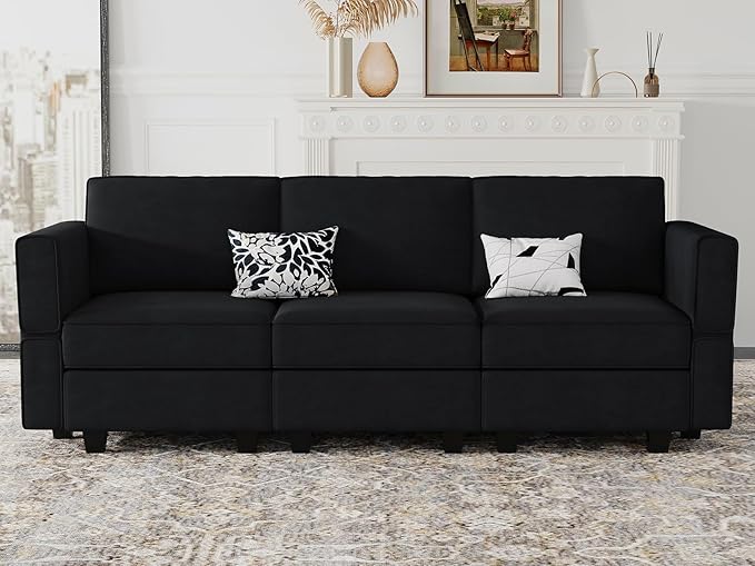 Belffin Modular Sofa Couch with Storage Seats Velvet 3 Seater Sofa for Living Room Black-Ruum Studio Home
