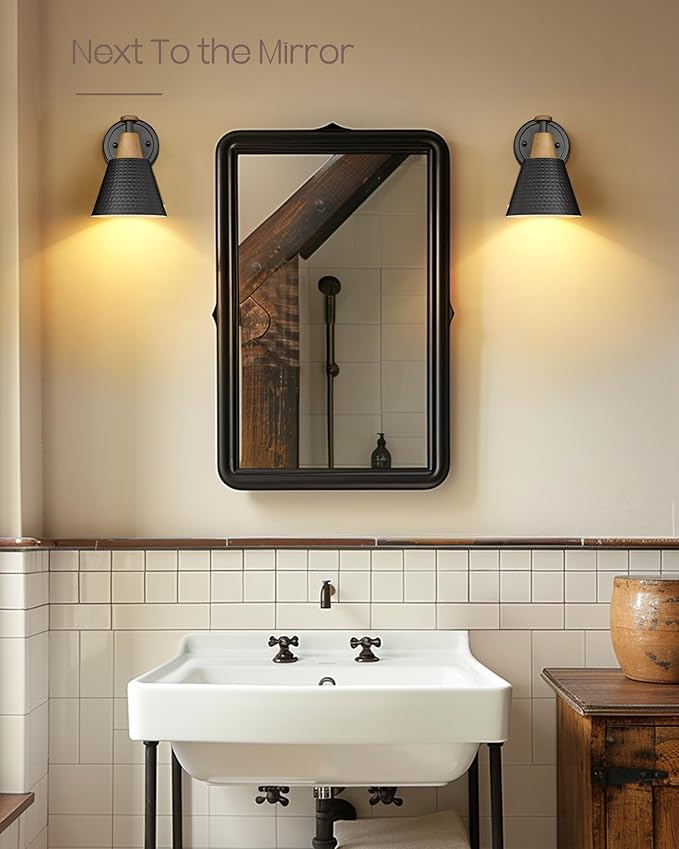 FEMILA Wall Sconces Set of 2, 1-Light Matte Black Bathroom Light Fixtures, Modern Single Vanity Light Wall Lamp with Hammered Metal Shade, 4FG59B-2 BK-Ruum Studio Home