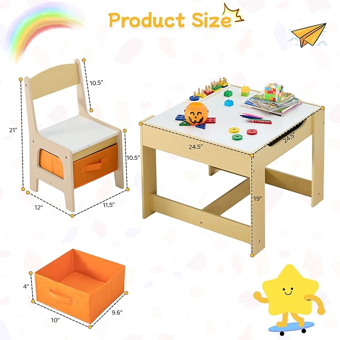 Kids Table and Chair Set, 3 in 1 Wooden Activity Table with Detachable Tabletop, Toddler Table and Chair Set with Storage Drawer, Kids Play Table for Children Art, Craft, Eating, Learning-Ruum Studio Home
