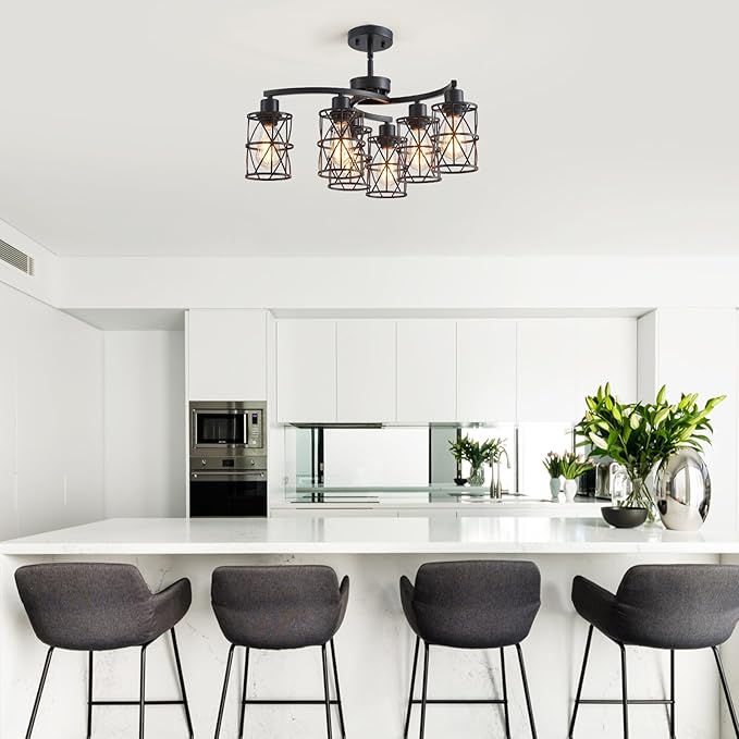 XINGQI Modern Black Chandelier 6-Light Pendant Lighting Fixture with Metal Shade 24" Height Adjustable for Dining Room Living Room Bedroom-Ruum Studio Home