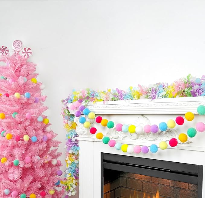 TBD Decor 2pk Pom Pom Garland Easter Decorations 13FT Colorful Large Felt Ball Spring Garland Easter Tree Decorations for Mantle,Indoor Holiday Wedding Birthday Party Supplies-Ruum Studio Home