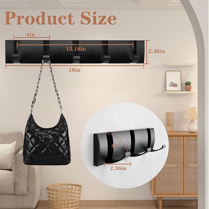 Folding Coat Hooks, Wall Mounted Coat Rack with 5 Retractable Hooks, Heavy Duty Towel Rack for Bathroom Wall Hook for Hanging Clothes Bathrobe, Stainless Steel Coat Hanger for Entryway(Black)-Ruum Studio Home