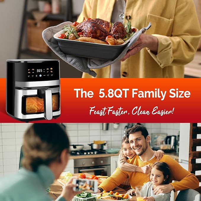 5.8QT Digital Air Fryer with Viewable Window, Adjust Temp & Timer, Air Frying, Reheat, Easy for Frozen Food, Snacks, Dinner, Large Square Basket than Round, Portable for Family & Apartment-Ruum Studio Home