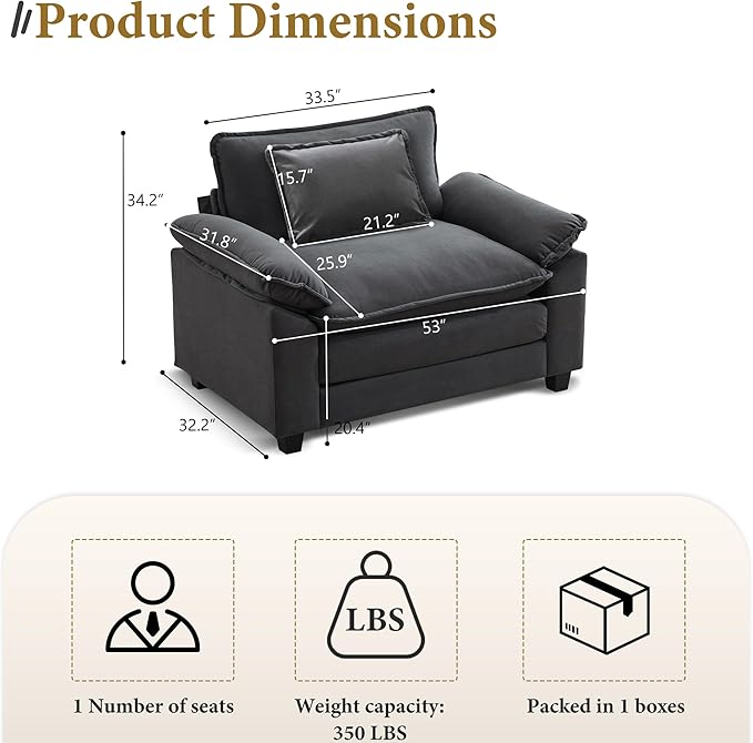 URRED Modular Sectional Sofa Comfy Cloud Couch, Modern Velvet Sofa Sleeper Deep Seat Couches with Ottoman/Pillows for Living Room (Dark Gray, 53'')-Ruum Studio Home