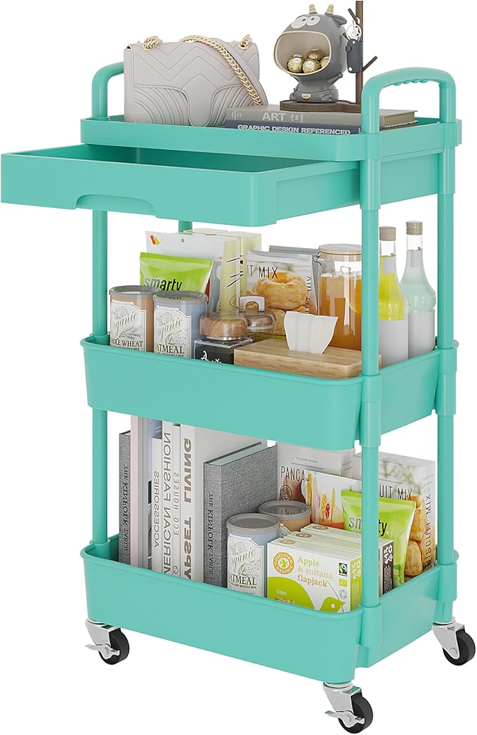 Calmootey 3-Tier Rolling Utility Cart with Drawer,Multifunctional Storage Organizer with Plastic Shelf & Metal Wheel,Storage Cart for Kitchen,Bathroom,Living Room,Office,Green-Ruum Studio Home