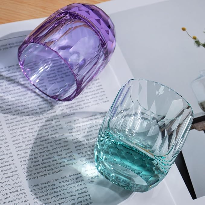 KAMMAK Crystal Whiskey Glasses Set of 2, 7oz Old Fashioned Glasses Stemless, Hand Blown Colored Cocktail Glasses, Engagement Gifts for Couples, Women, Men-Ruum Studio Home