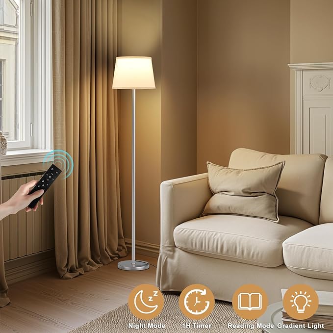 【Upgraded】Floor Lamps for Living Room, Modern Floor Lamp with Remote Control, Dimmable Colors Temperature Standing Lamp Foot Switch, 9W Bulb Tall Lamps for Bedroom Office Kid Room - Silver-Ruum Studio Home