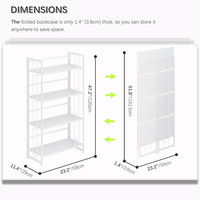 4NM No Assembly 4 Tiers Folding Bookshelf, 47.2" H Foldable Storage Shelves Vintage Bookcase Standing Racks Study Organizer Home Office - All White-Ruum Studio Home